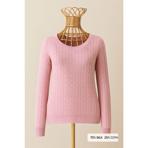 Ann Taylor Women’s Sweater XL Pink Silk Cotton Cable Knit Lightweight Top - Picture 9 of 11